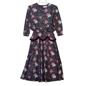 Miss Derby Dress Womens Large Midi Floral Velvet‎ Trim Vtg 80s Retro Grandma
